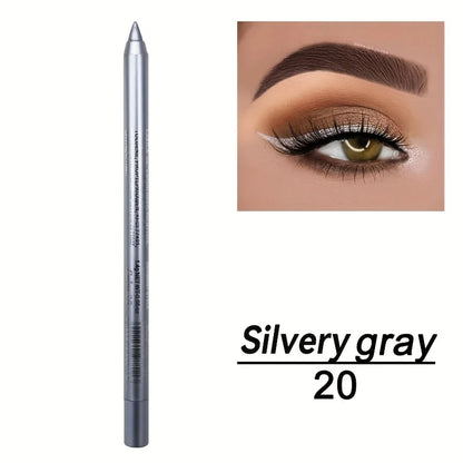 Eyebrow pencil with 'Silvery gray' color option and an eye makeup application example.