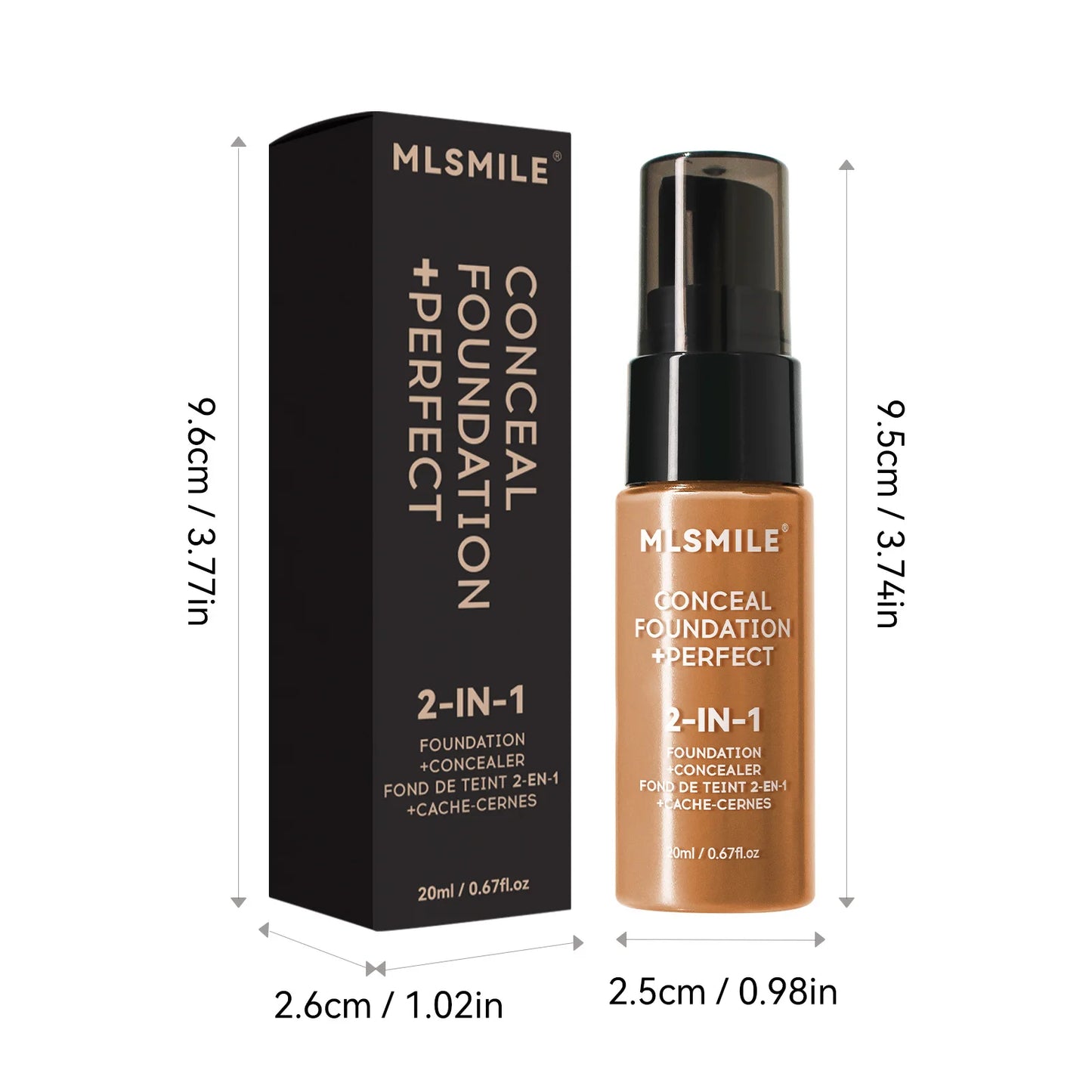 Mlsmile conceal foundation and packaging with dimensions on a white background