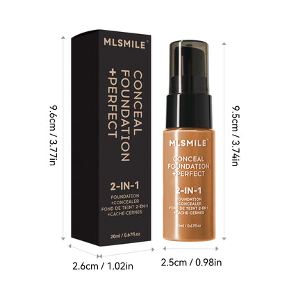 Mlsmile conceal foundation and packaging with dimensions on a white background