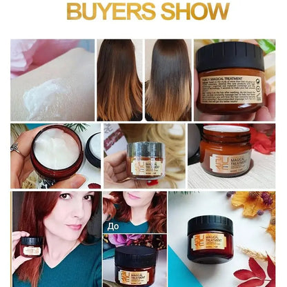Collage of images showing a hair treatment product with before and after results.