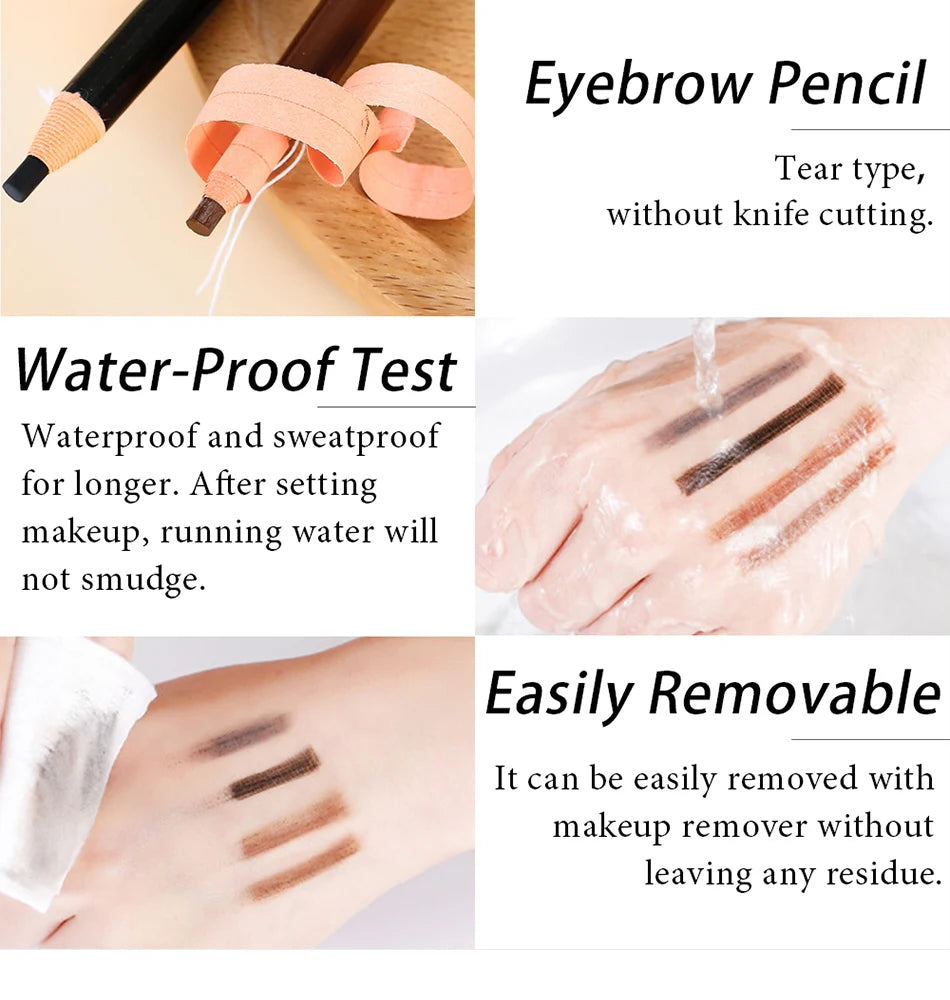 Eyebrow pencil with water-proof and easily removable features demonstrated.