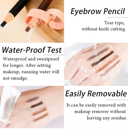 Eyebrow pencil with water-proof and easily removable features demonstrated.