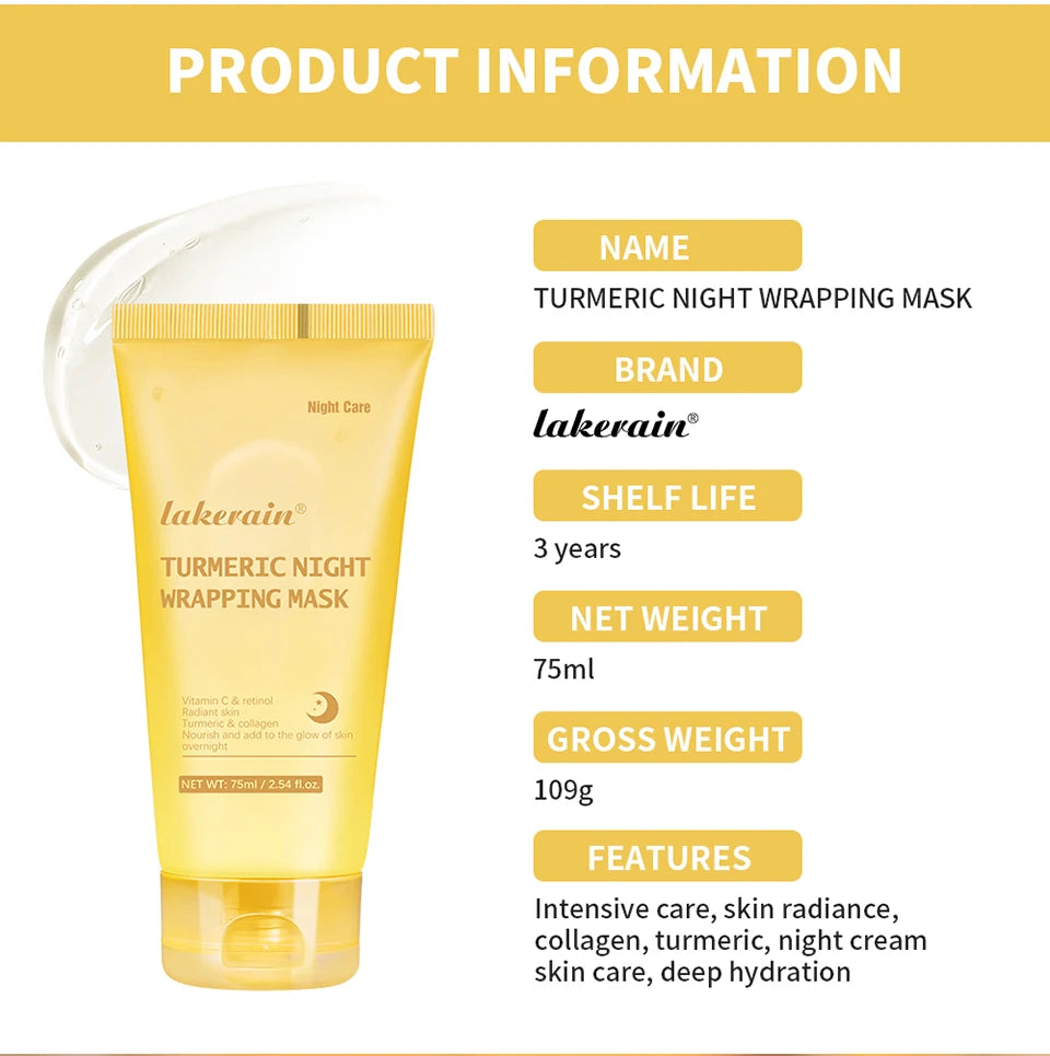 Turmeric night wrapping mask packaging with product information on a white background