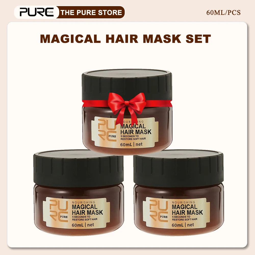 Three jars of Pure Magical Hair Mask with a red bow on a beige background
