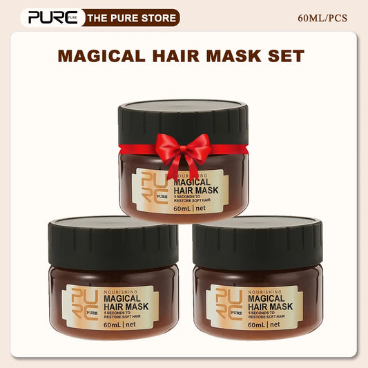 Three jars of Pure Magical Hair Mask with a red bow on a beige background