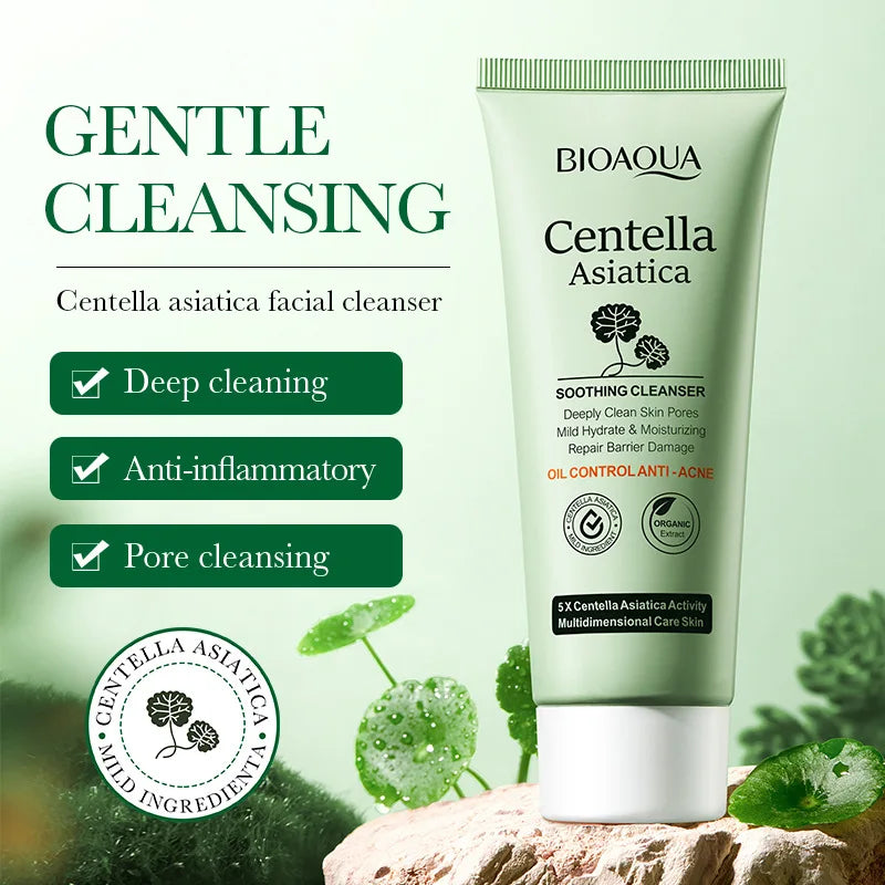 Bioaqua Centella Asiatica facial cleanser with green background and product details.