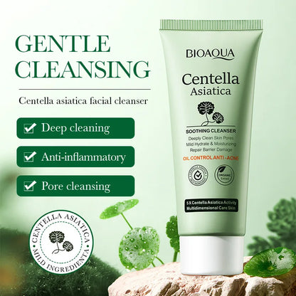 Bioaqua Centella Asiatica facial cleanser with green background and product details.