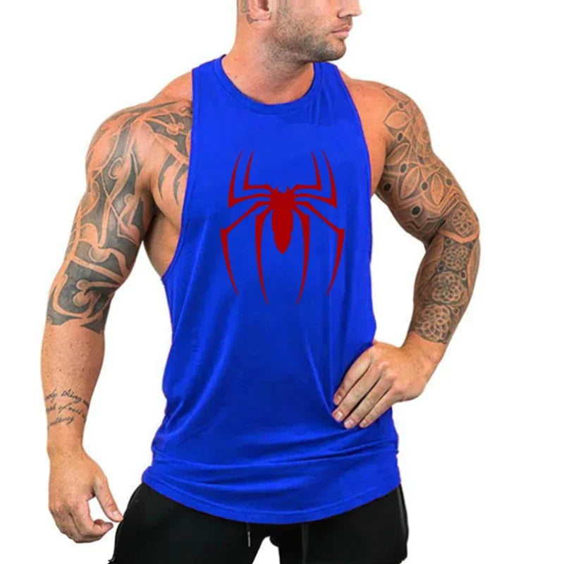 Man wearing a blue tank top with a red spider logo on a white background