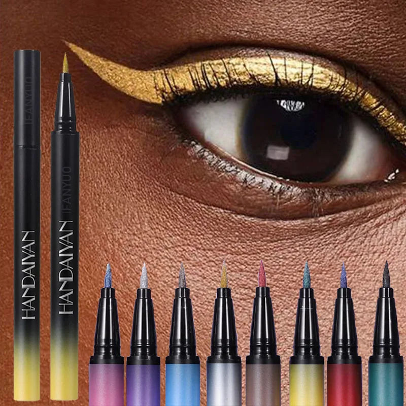 Eyeliner pens with a close-up of an eye wearing gold eyeliner.