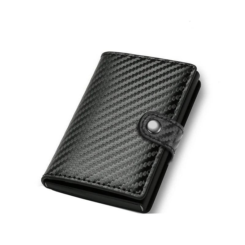 Carbon fiber patterned wallet with a metallic button on a white background