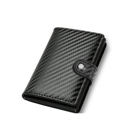 Carbon fiber patterned wallet with a metallic button on a white background