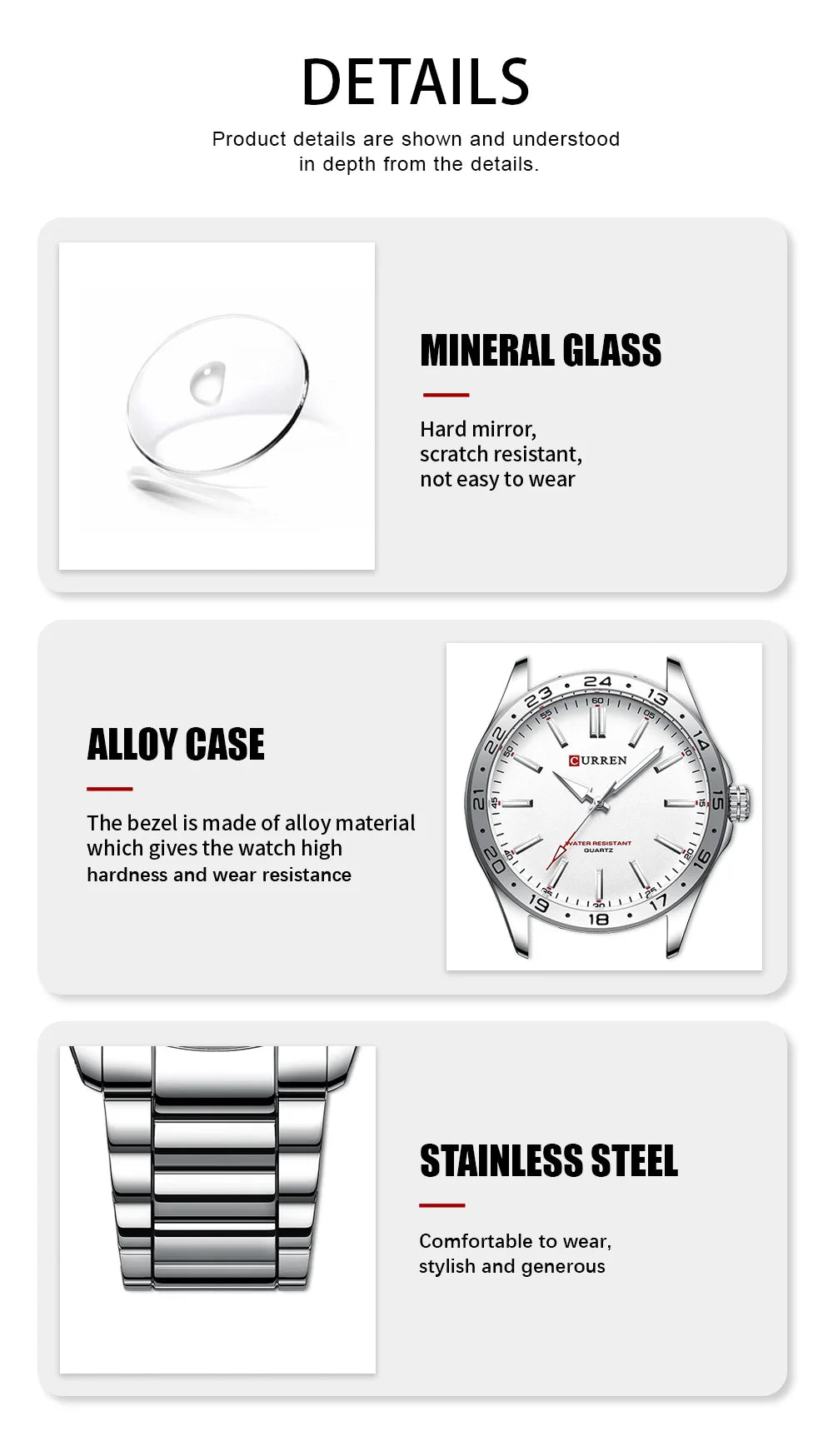 Watch features with mineral glass, alloy case, stainless steel, and hard mirror properties.