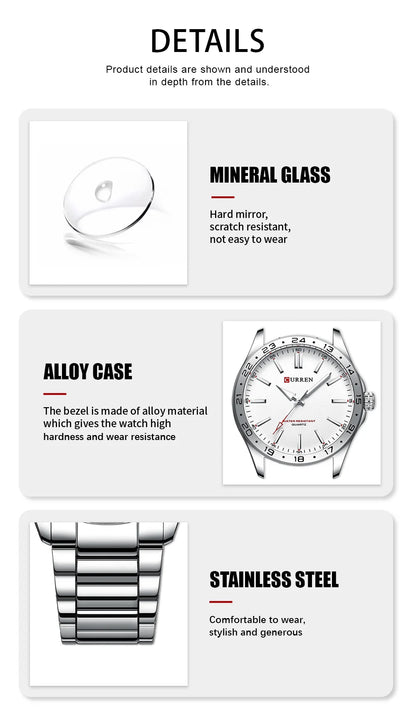 Watch features with mineral glass, alloy case, stainless steel, and hard mirror properties.