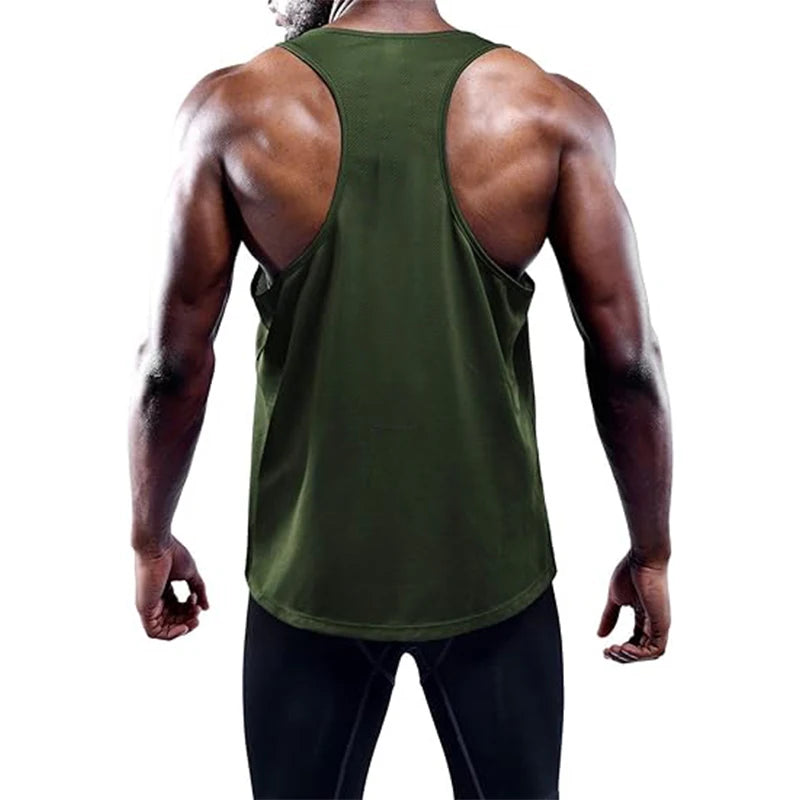 Person wearing a green tank top on a white background
