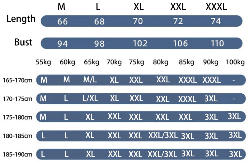Size chart for clothing with measurements in centimeters and kilograms.