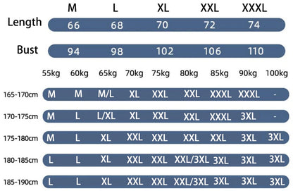 Size chart for clothing with measurements in centimeters and kilograms.