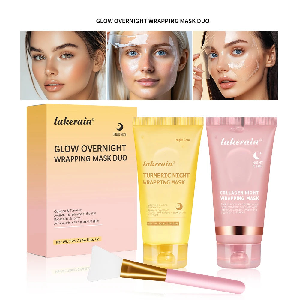 Lakerain Glow Overnight Wrapping Mask Duo with packaging, mask tubes, and applicator on a white background.