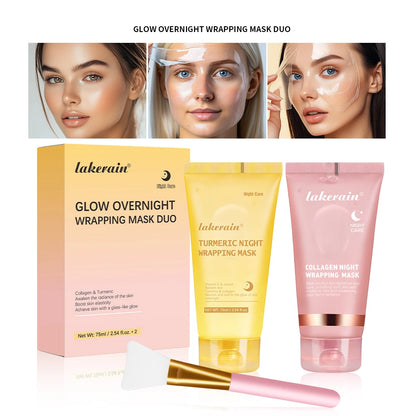 Lakerain Glow Overnight Wrapping Mask Duo with packaging, mask tubes, and applicator on a white background.