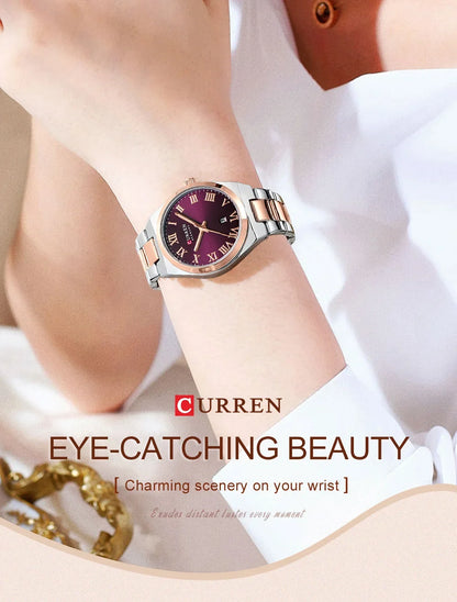 Wristwatch with a purple face on a wrist, brand 'Curren' visible