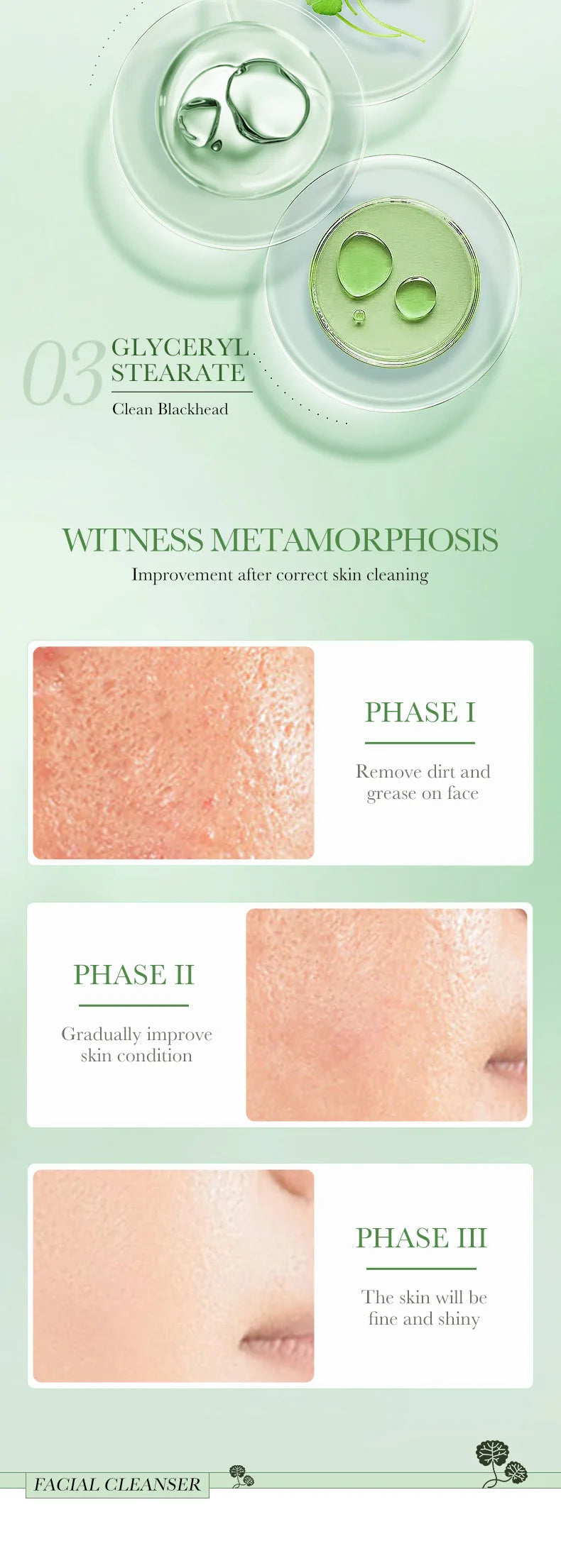 Cosmetic product with green gel and text on a light green background