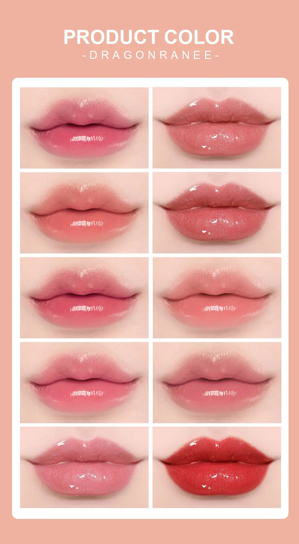 Lipstick color swatches labeled 'Dragonrane' on a pink background