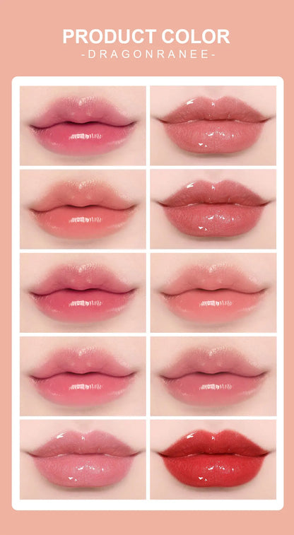 Lipstick color swatches labeled 'Dragonrane' on a pink background