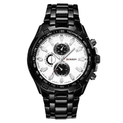 Black wristwatch with white face on a white background