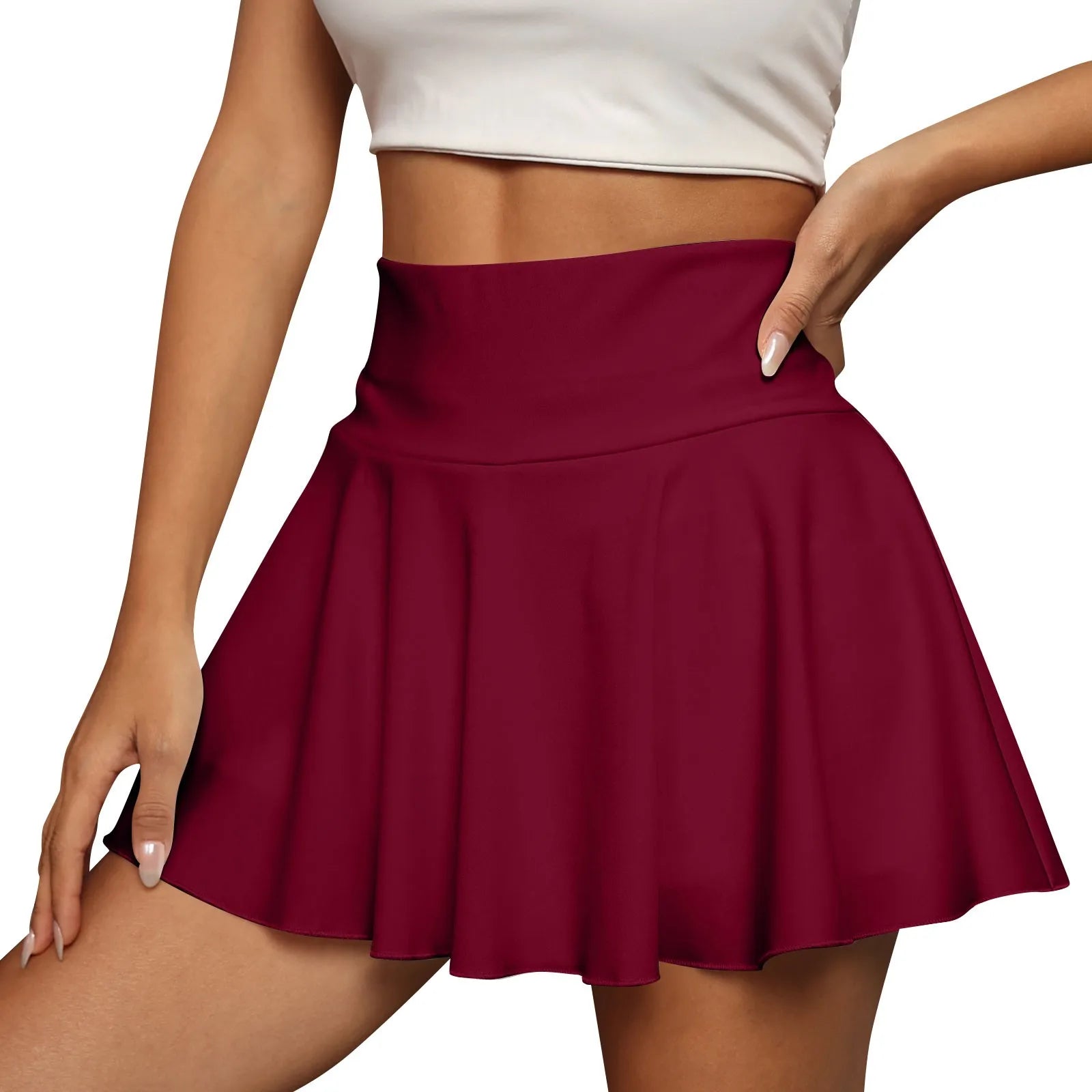 Red skirt worn by a person on a white background