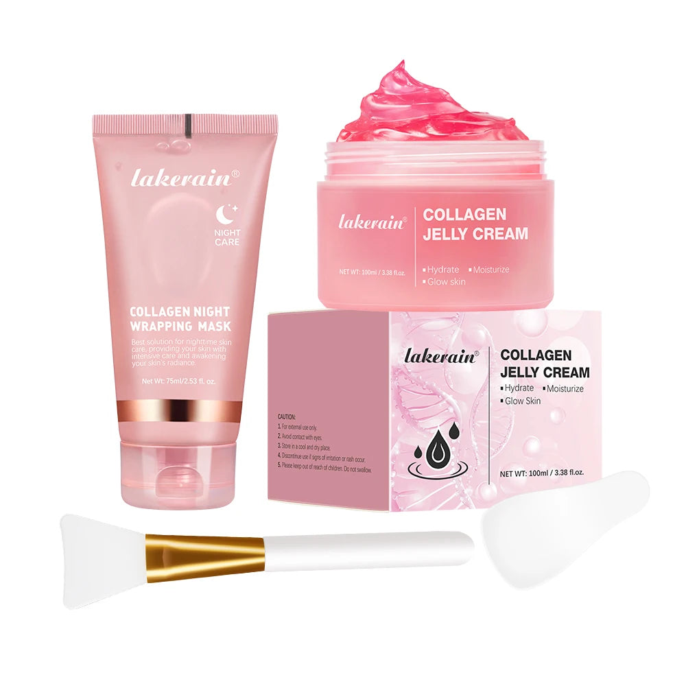 Lakerain skincare products including a cream jar, mask tube, and packaging on a white background