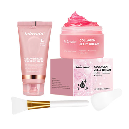 Lakerain skincare products including a cream jar, mask tube, and packaging on a white background