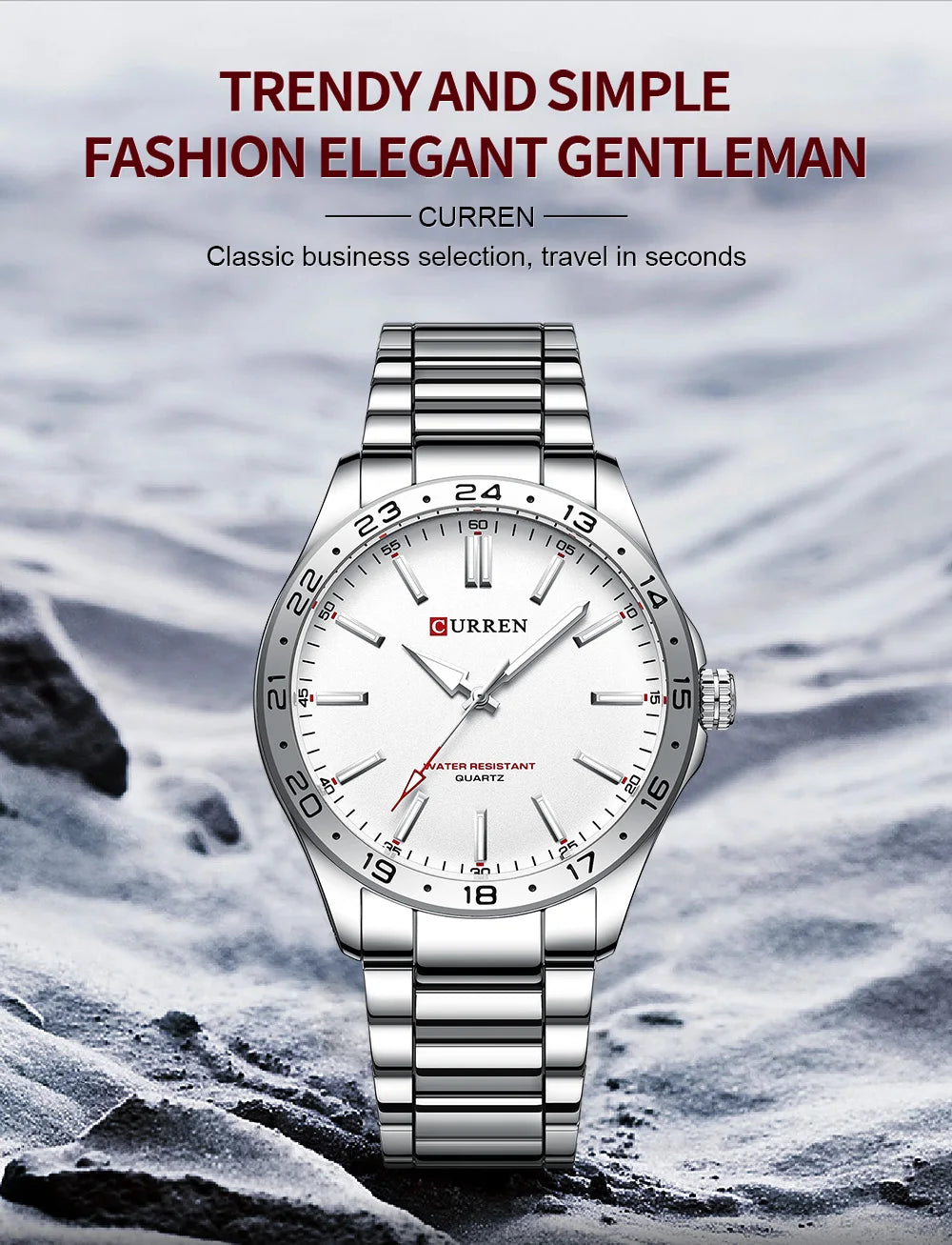 Silver wristwatch with a white dial on a rocky background, featuring the brand 'Curren'.