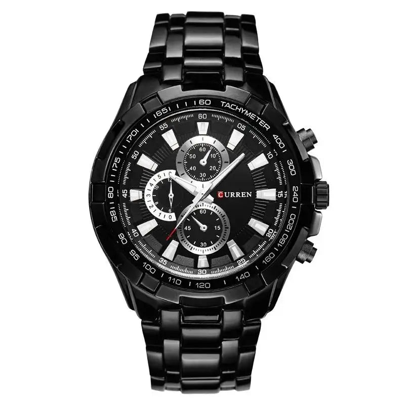 Black wristwatch with detailed face on a white background