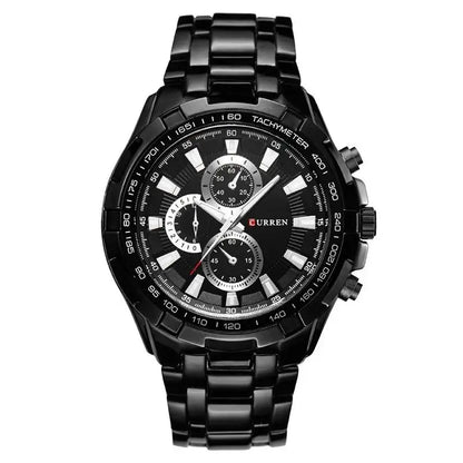 Black wristwatch with detailed face on a white background