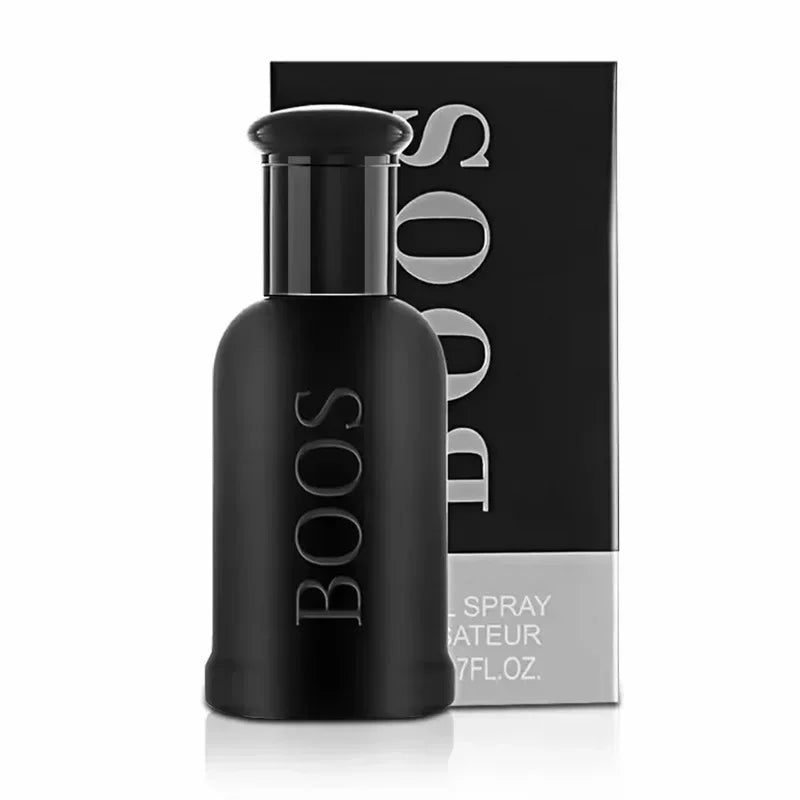 Black perfume bottle with 'BOSS' branding next to its packaging on a white background
