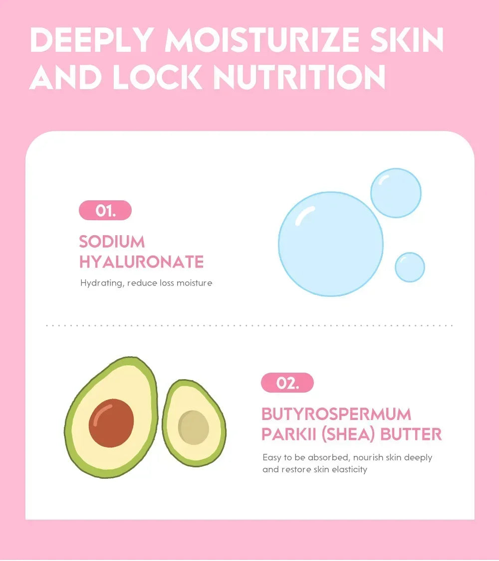 Skincare product with avocado and shea butter ingredients on a pink background