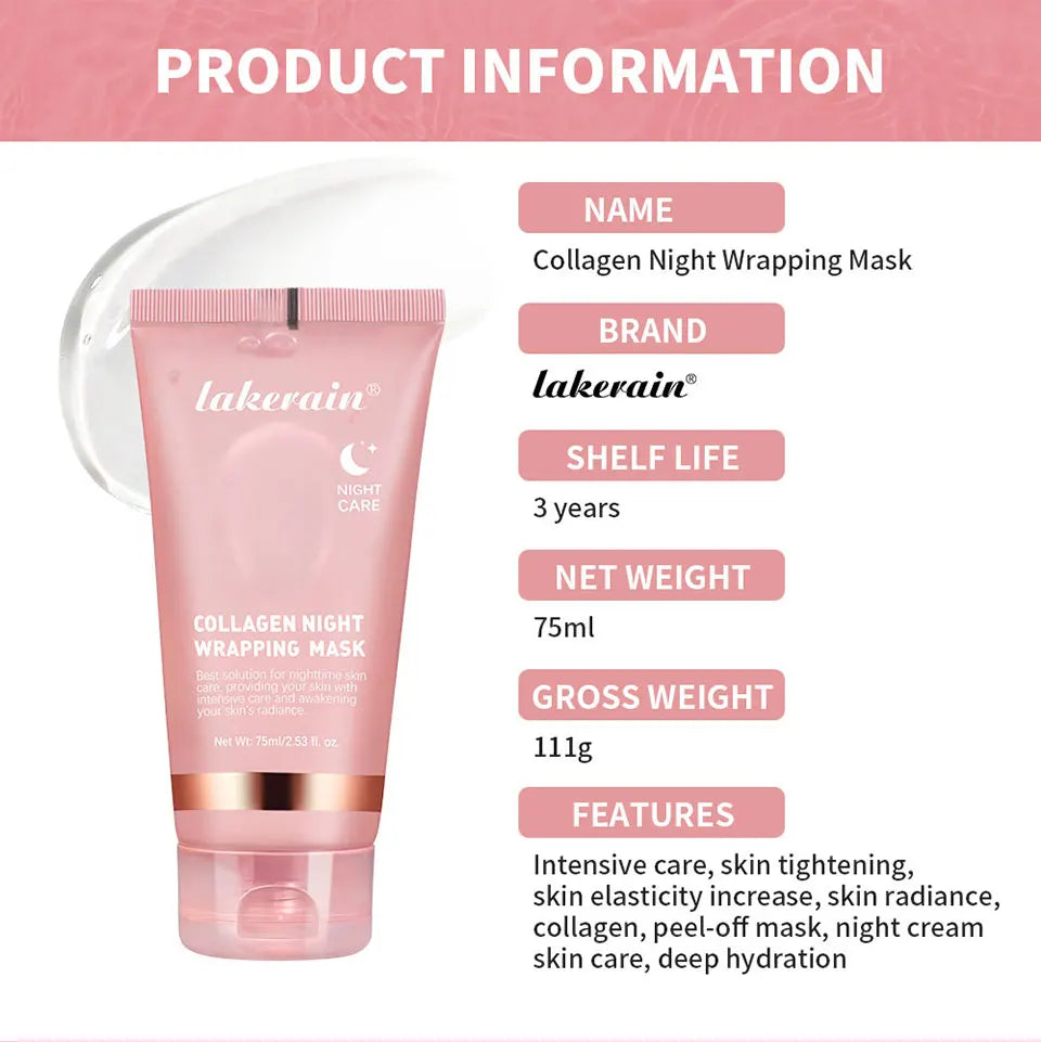 Collagen night wrapping mask packaging with product information on a white background