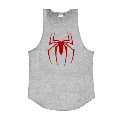 Gray tank top with a red spider logo on a white background