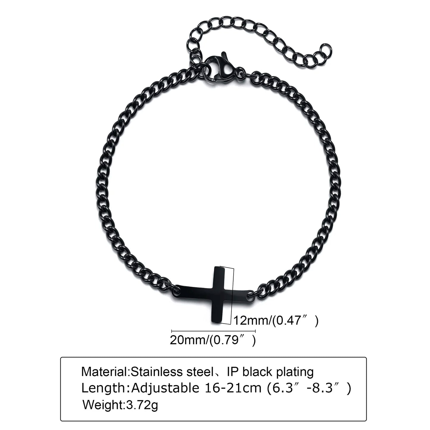 Black chain bracelet with a cross charm on a white background