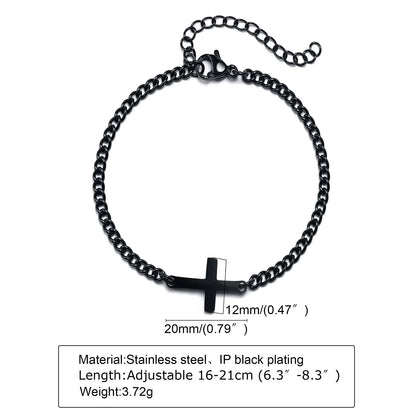 Black chain bracelet with a cross charm on a white background