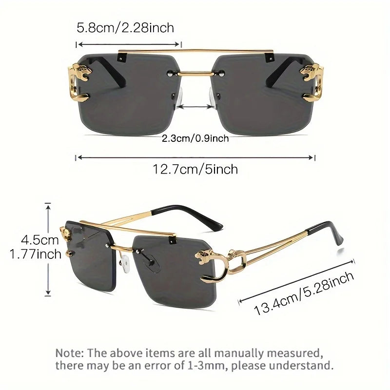 Sunglasses with gold frames and black lenses, showing measurements on a white background.