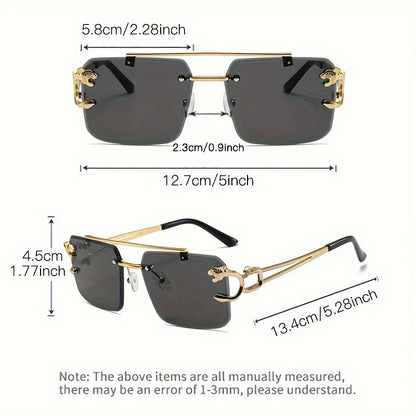 Sunglasses with gold frames and black lenses, showing measurements on a white background.