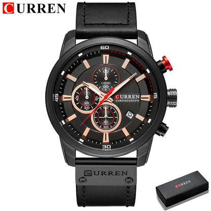 Black Curren watch with detailed face and leather strap on a white background