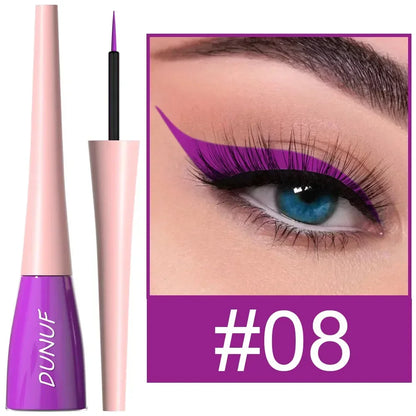 Eyeliner pen with pink and purple design and close-up of eye wearing the product.