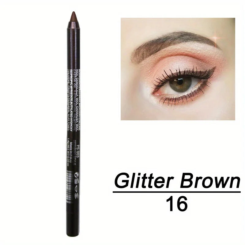Eyeliner pencil with 'Glitter Brown' color option and an example of application on an eye.