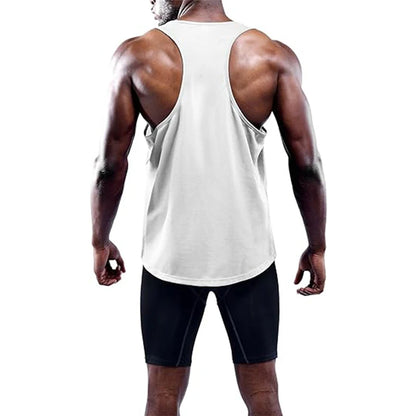 Person wearing a white tank top and black shorts on a white background