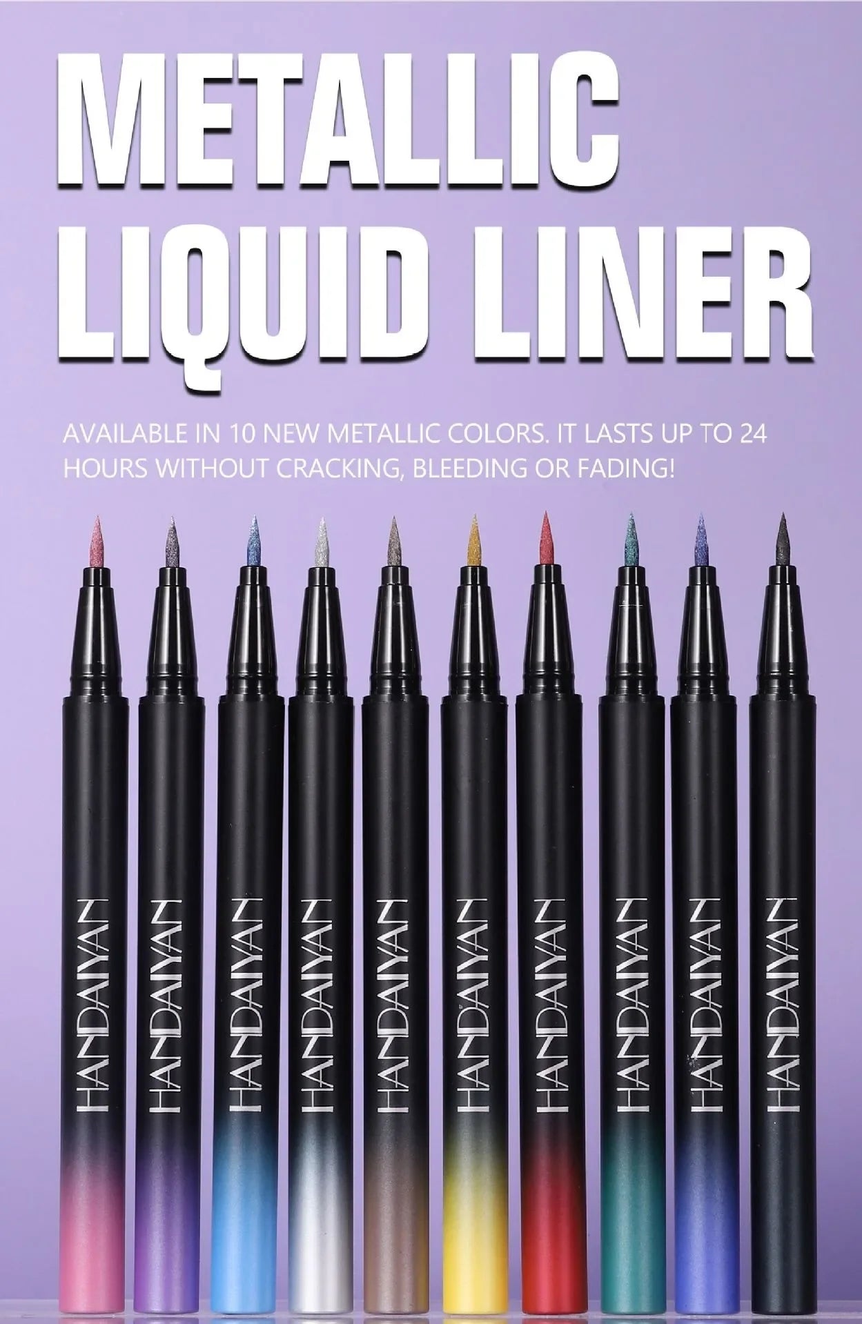 Metallic liquid liner set with 'HANDAVAN' branding on a purple background