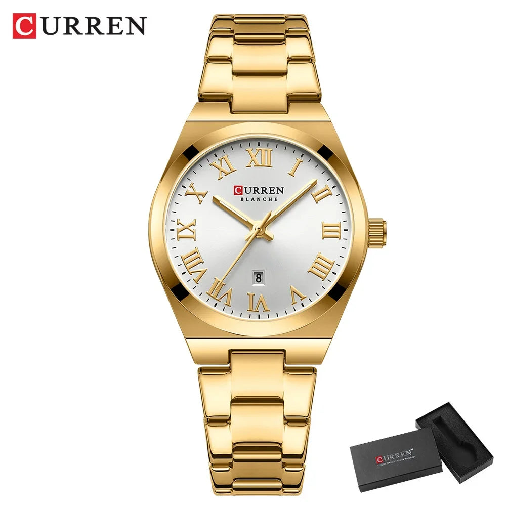 Gold wristwatch with white dial and 'Curren' branding on a white background