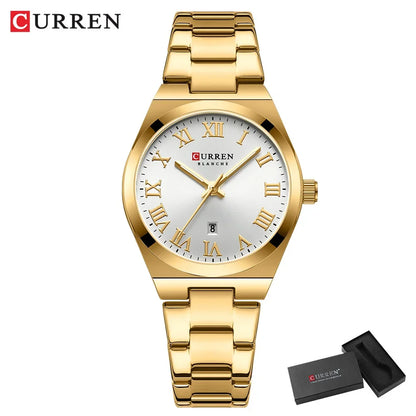 Gold wristwatch with white dial and 'Curren' branding on a white background
