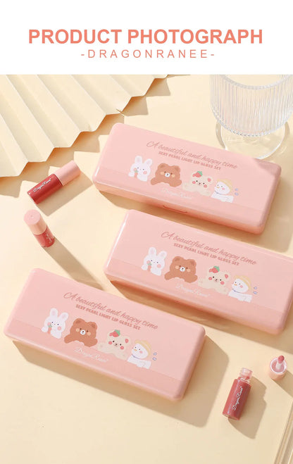 Pink cosmetic cases with cartoon designs on a beige background