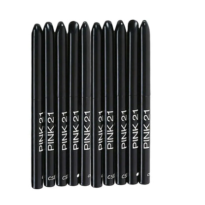 Row of black cosmetic pencils with 'Pink 21' branding on a white background
